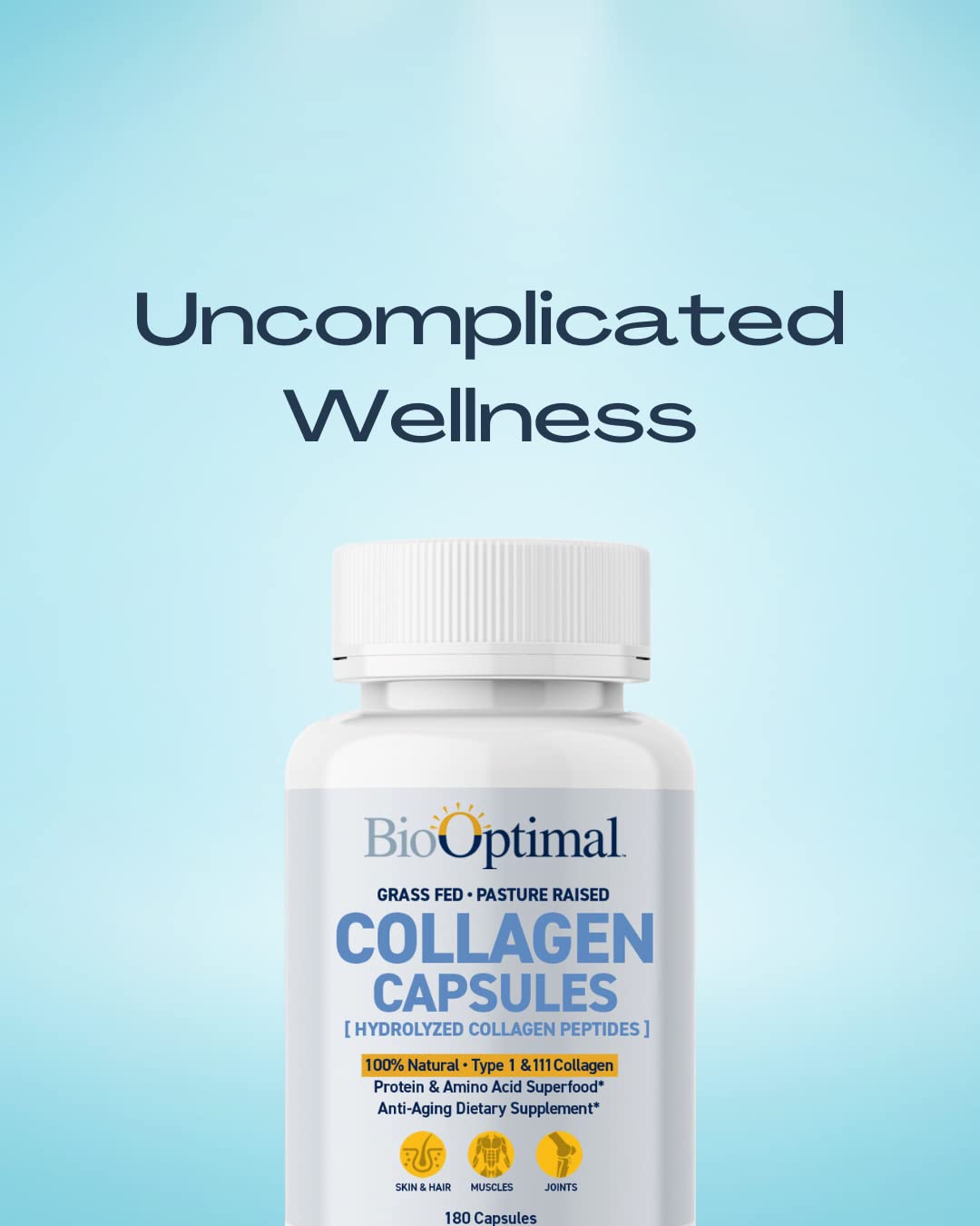 BioOptimal Collagen Peptides Capsules - Grass-Fed, Pasture-Raised Hydrolyzed Protein S]n-GMO, Zero Sugar Daily Pills for Men & Women (180 Capsules) - Maple Wellness Supplements