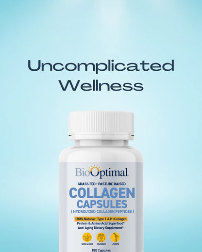 BioOptimal Collagen Peptides Capsules - Grass-Fed, Pasture-Raised Hydrolyzed Protein S]n-GMO, Zero Sugar Daily Pills for Men & Women (180 Capsules) - Maple Wellness Supplements