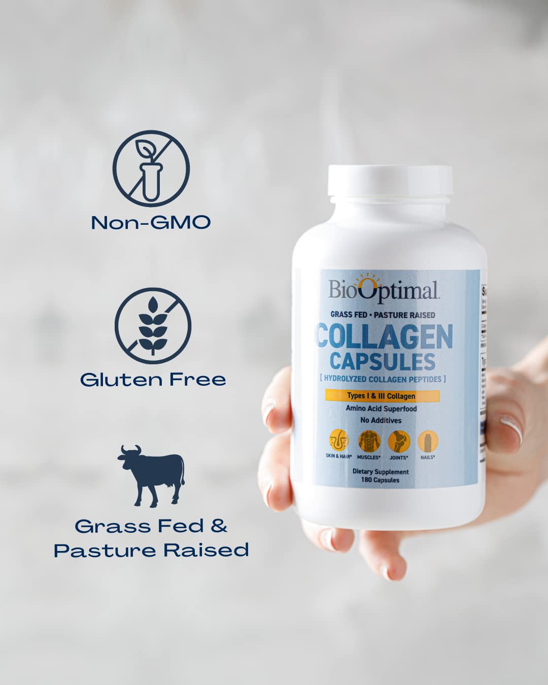 BioOptimal Collagen Peptides Capsules - Grass-Fed, Pasture-Raised Hydrolyzed Protein S]n-GMO, Zero Sugar Daily Pills for Men & Women (180 Capsules) - Maple Wellness Supplements