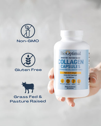 BioOptimal Collagen Peptides Capsules - Grass-Fed, Pasture-Raised Hydrolyzed Protein S]n-GMO, Zero Sugar Daily Pills for Men & Women (180 Capsules) - Maple Wellness Supplements
