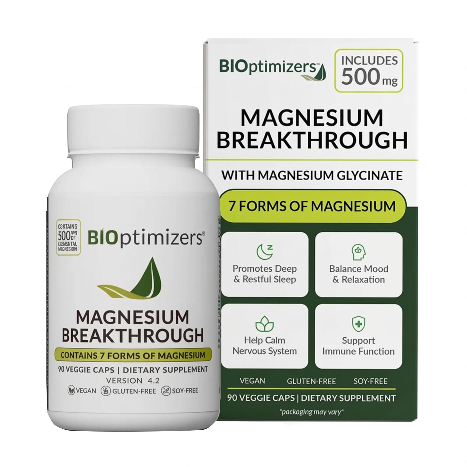 BIOptimizers Magnesium Breakthrough Supplement with 500mg - 7 Forms of Magnesium: Glycinate, Malate, Citrate, and More - Natural Support for Sleep and Cognitive Function -90 Capsules- Calming Vitamins - Maple Wellness Supplements