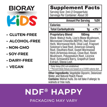 BIORAY Kids NDF Happy, Peach - 2 fl oz - Removes Unwanted Organisms That Can Trigger Irritability - 1-2 Month Supply - Maple Wellness Supplements