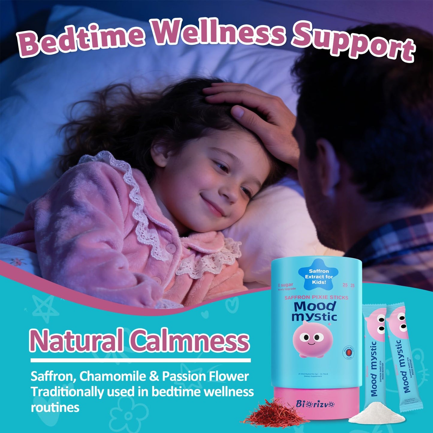 Biorizvo Saffron Drink for Kids - Saffron Exact Drink Mix with GABA, Magnesium & Vitamin D3 - Supports Mood Focus & Sleep, Calms Temper Tantrums, Fruit Punch Drink Sticks Mix for Kids 4+, Sugar-Free - Maple Wellness Supplements