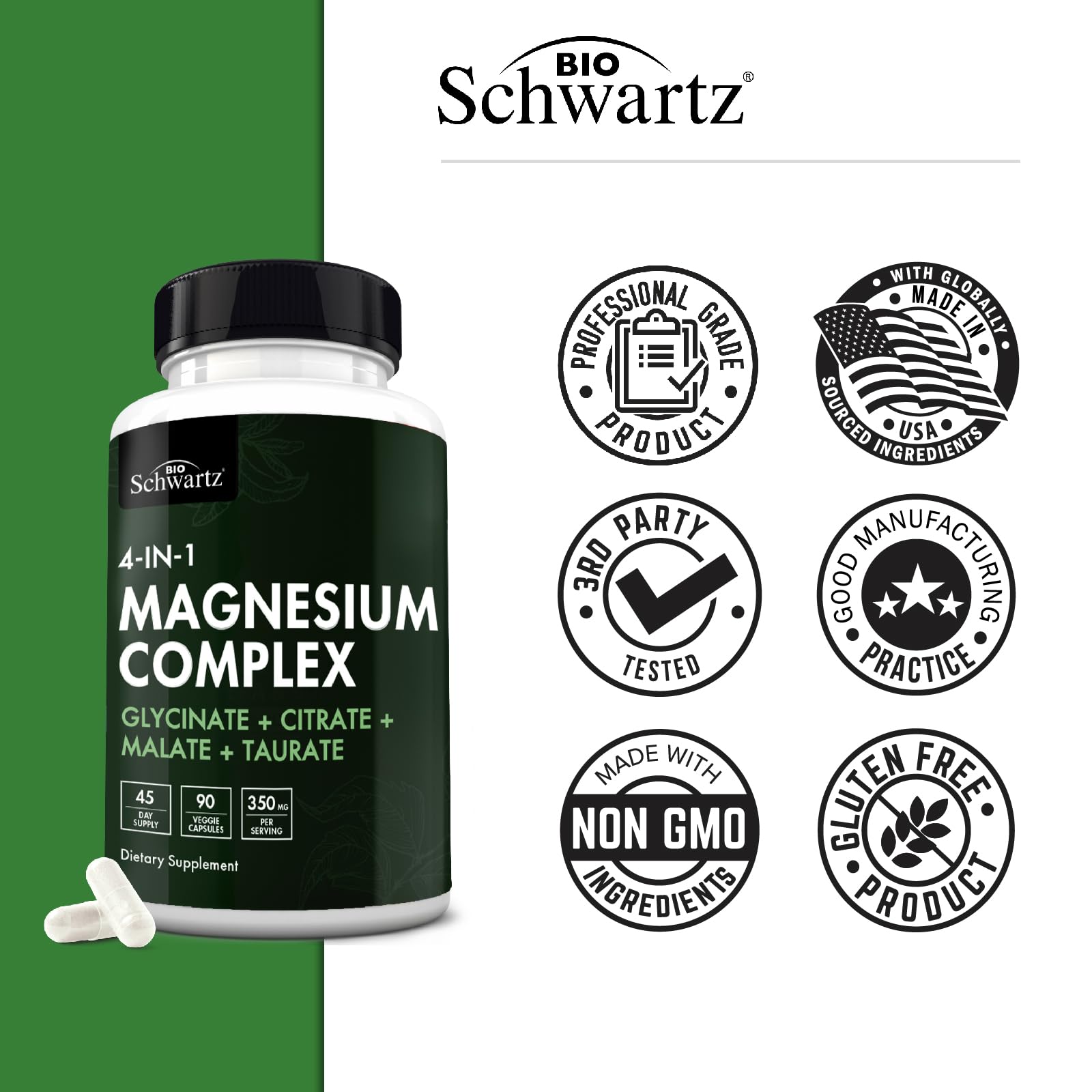 BioSchwartz Magnesium Complex Supplement (90 Capsules) 350mg Magnesium Glycinate Citrate Malate and Taurate Per Serving for Healthy Nerves Muscles Heart Sleep Support (Vegan, Gluten-Free, Non-GMO) - Maple Wellness Supplements