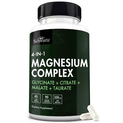 BioSchwartz Magnesium Complex Supplement (90 Capsules) 350mg Magnesium Glycinate Citrate Malate and Taurate Per Serving for Healthy Nerves Muscles Heart Sleep Support (Vegan, Gluten-Free, Non-GMO) - Maple Wellness Supplements