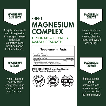 BioSchwartz Magnesium Complex Supplement (90 Capsules) 350mg Magnesium Glycinate Citrate Malate and Taurate Per Serving for Healthy Nerves Muscles Heart Sleep Support (Vegan, Gluten-Free, Non-GMO) - Maple Wellness Supplements