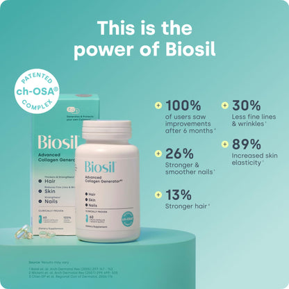 Biosil Collagen Booster Supplement - 180 Vegan Capsules - Patented ch-OSA Activator for Skin, Hair, Nails & Joints - Supports Natural Production - 90-Day Supply - Maple Wellness Supplements
