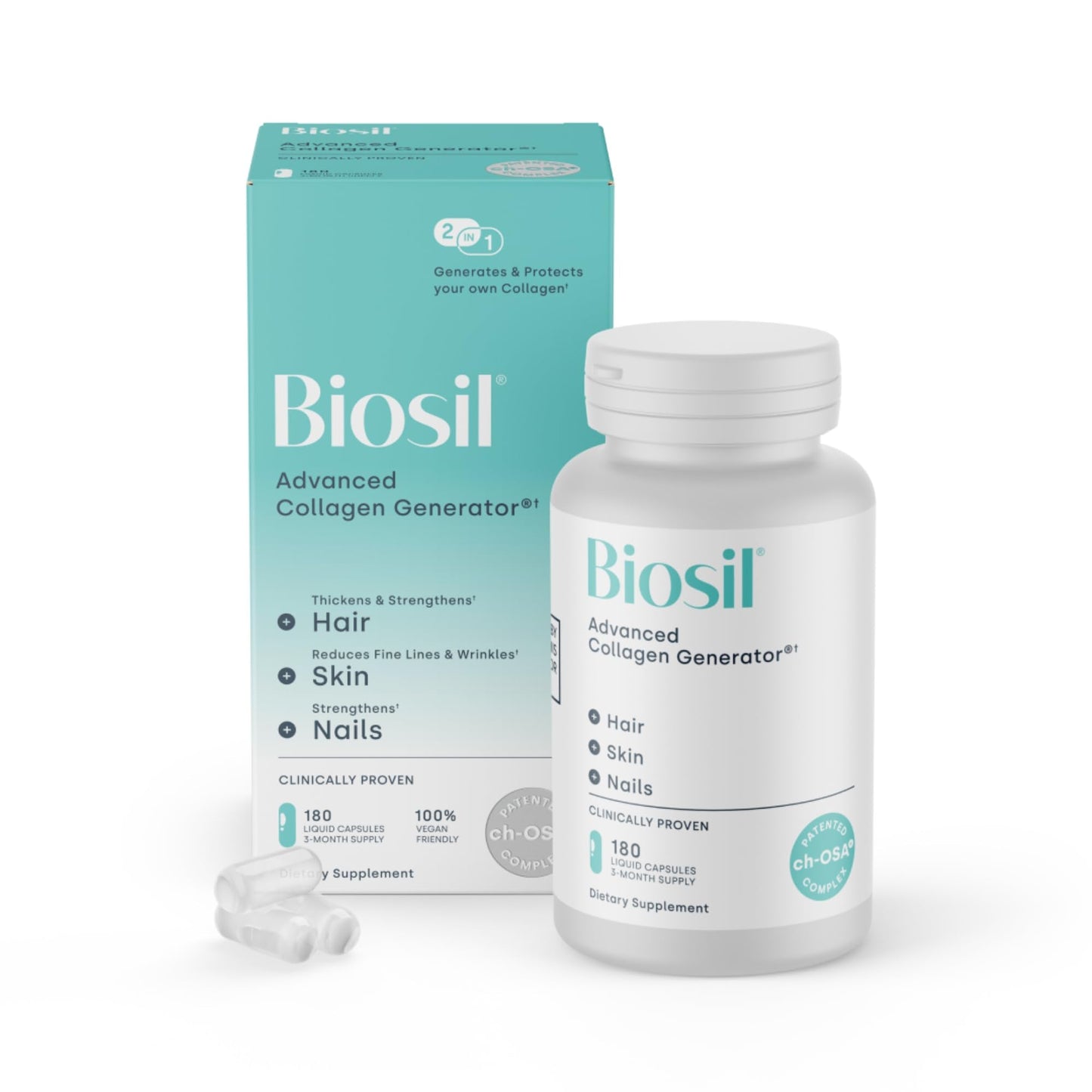 Biosil Collagen Booster Supplement - 180 Vegan Capsules - Patented ch-OSA Activator for Skin, Hair, Nails & Joints - Supports Natural Production - 90-Day Supply - Maple Wellness Supplements