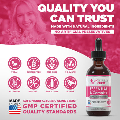 BioSource Labs Essential B Complex - Daily Vegan Vitamin B-Complex Sublingual Liquid - Maple Wellness Supplements