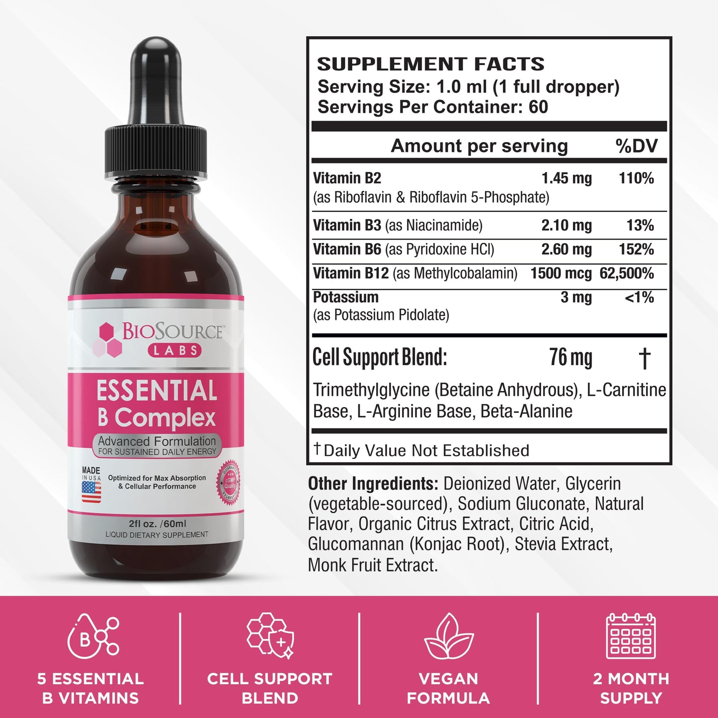BioSource Labs Essential B Complex - Daily Vegan Vitamin B-Complex Sublingual Liquid - Maple Wellness Supplements