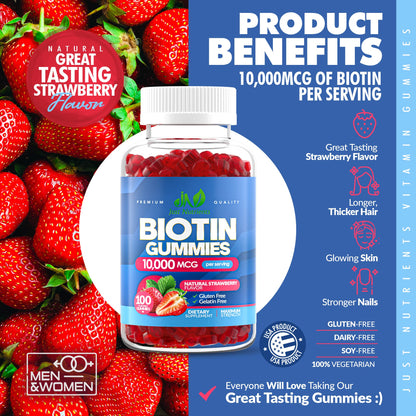 Biotin 10,000mcg Gummies for Hair Growth, Skin & Nails (100 Count) - 2x Maximum Strength Biotin Vitamins for Women & Men - Gluten-Free, Vegan, Non-GMO - Maple Wellness Supplements