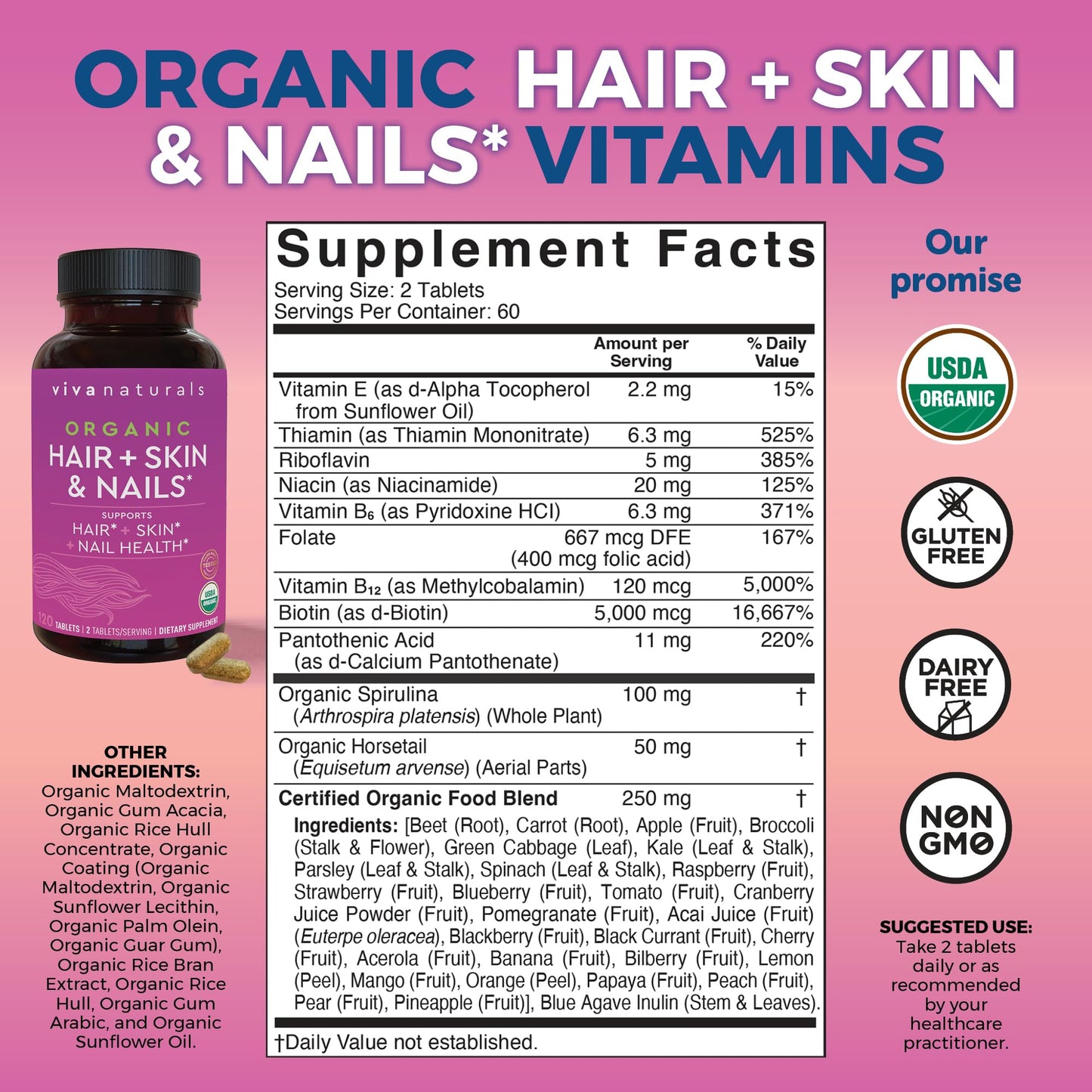 Biotin 5000 mcg Hair Skin Nails Vitamins for Women – Organic and Vegetarian-Friendly Supplement with Vitamin E, B-Vitamins, Spirulina - Maple Wellness Supplements