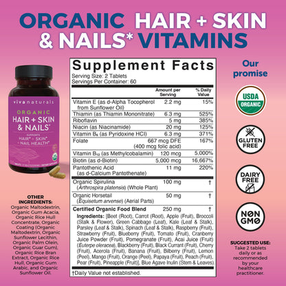 Biotin 5000 mcg Hair Skin Nails Vitamins for Women – Organic and Vegetarian-Friendly Supplement with Vitamin E, B-Vitamins, Spirulina - Maple Wellness Supplements