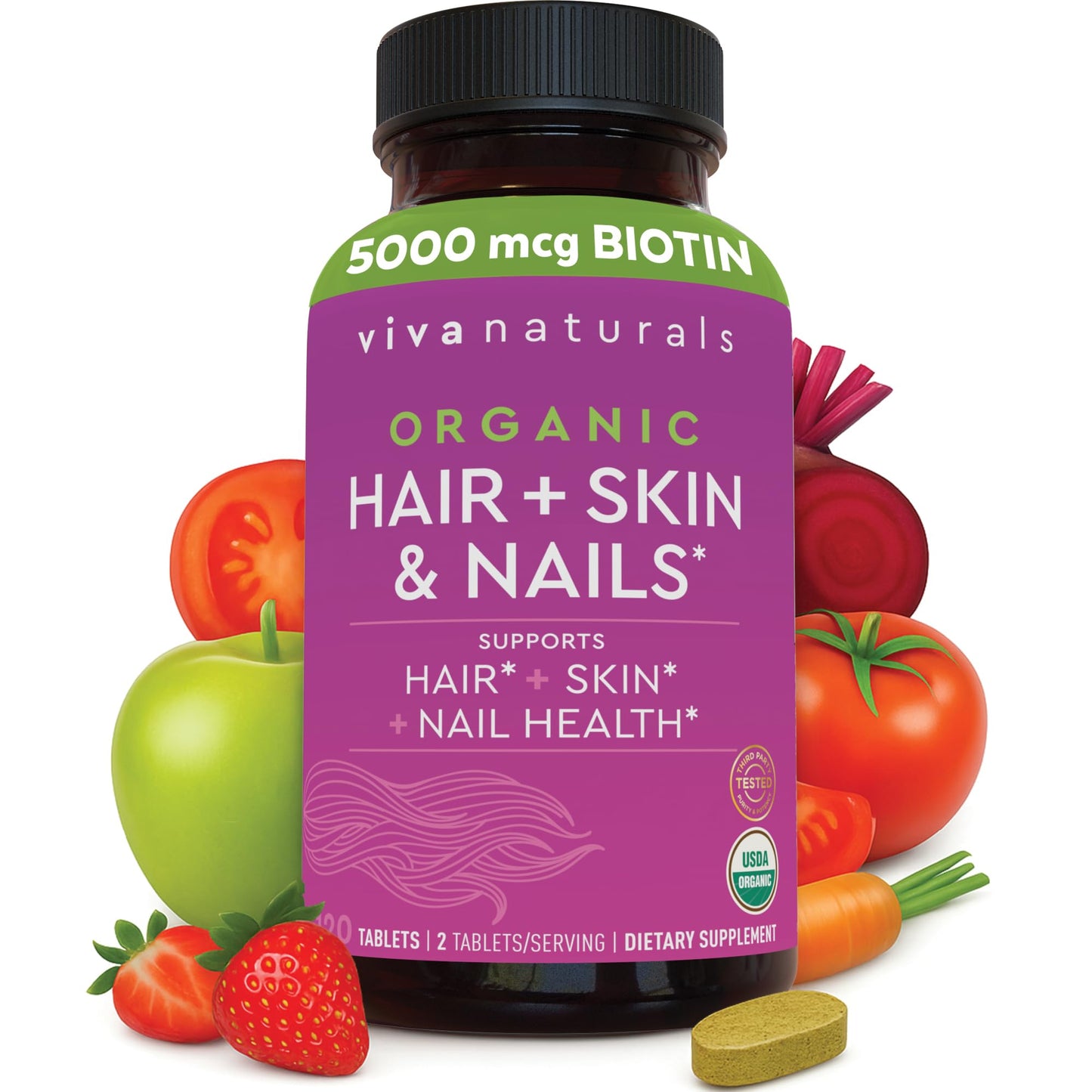 Biotin 5000 mcg Hair Skin Nails Vitamins for Women – Organic and Vegetarian-Friendly Supplement with Vitamin E, B-Vitamins, Spirulina - Maple Wellness Supplements