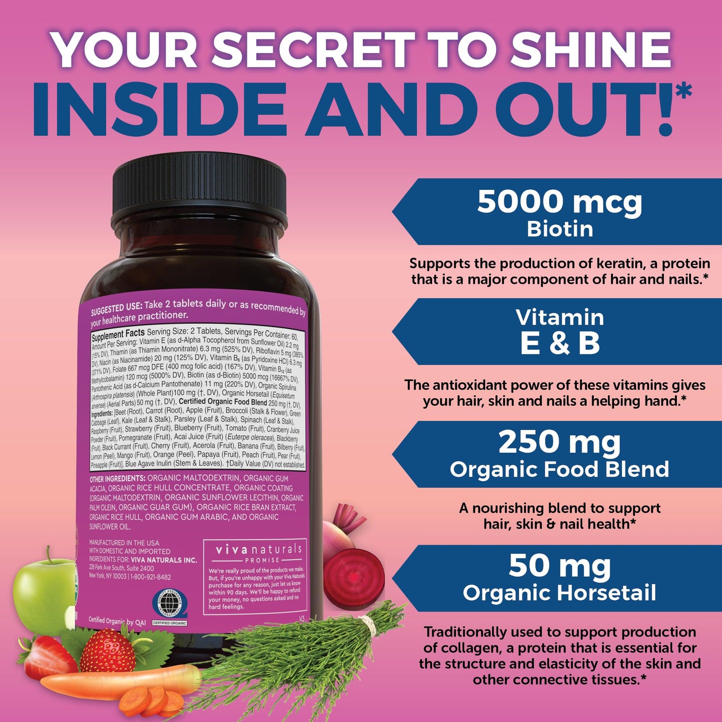 Biotin 5000 mcg Hair Skin Nails Vitamins for Women – Organic and Vegetarian-Friendly Supplement with Vitamin E, B-Vitamins, Spirulina - Maple Wellness Supplements