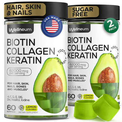 Biotin for Hair Growth Women/Men 12000mcg, Skin & Nails Support Gummies + 70000mcg Collagen Peptides (Collagen Powder in Gummy Form) + 20000mcg Keratin + Retinol, Sugar Free, 120 Gummies (2 Pack) - Maple Wellness Supplements