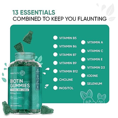 Biotin Gummies 5000mcg - with Vitamin A, B, C, D, E & Selenium – 120 Hair Nails and Skin - Maple Wellness Supplements