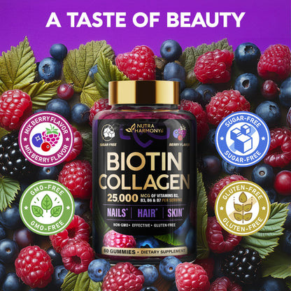 Biotin Gummies with Collagen - Hair Growth Support Skin, & Nail Strength - for Women & Men - Biotin 10000mcg | Keratin | Hyaluronic Acid | B-Complex | Saw Palmetto - Maple Wellness Supplements