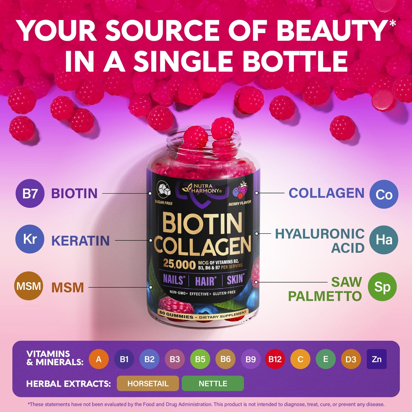 Biotin Gummies with Collagen - Hair Growth Support Skin, & Nail Strength - for Women & Men - Biotin 10000mcg | Keratin | Hyaluronic Acid | B-Complex | Saw Palmetto - Maple Wellness Supplements