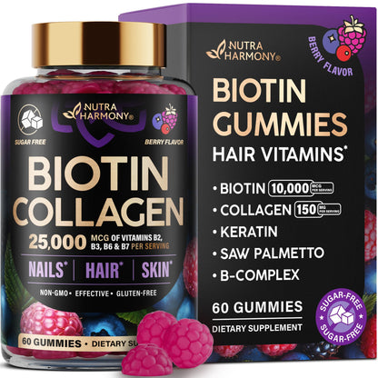 Biotin Gummies with Collagen - Hair Growth Support Skin, & Nail Strength - for Women & Men - Biotin 10000mcg | Keratin | Hyaluronic Acid | B-Complex | Saw Palmetto - Maple Wellness Supplements