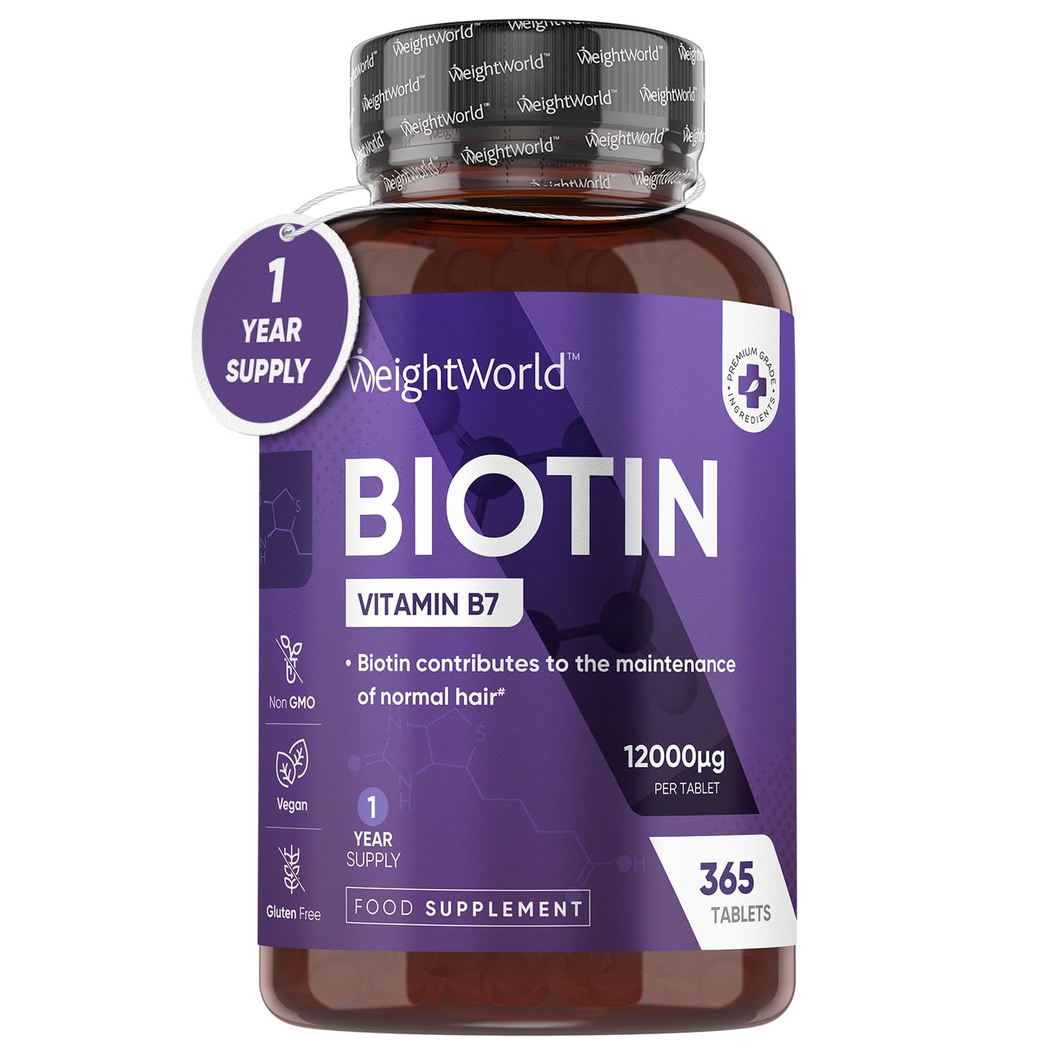 Biotin Hair Growth Supplement 12000mcg - 365 Vegan Biotin Tablets (1 Year Supply) - Maple Wellness Supplements