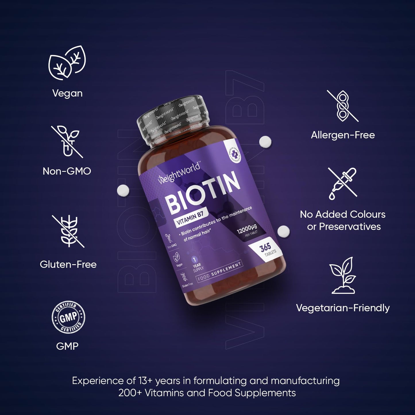 Biotin Hair Growth Supplement 12000mcg - 365 Vegan Biotin Tablets (1 Year Supply) - Maple Wellness Supplements
