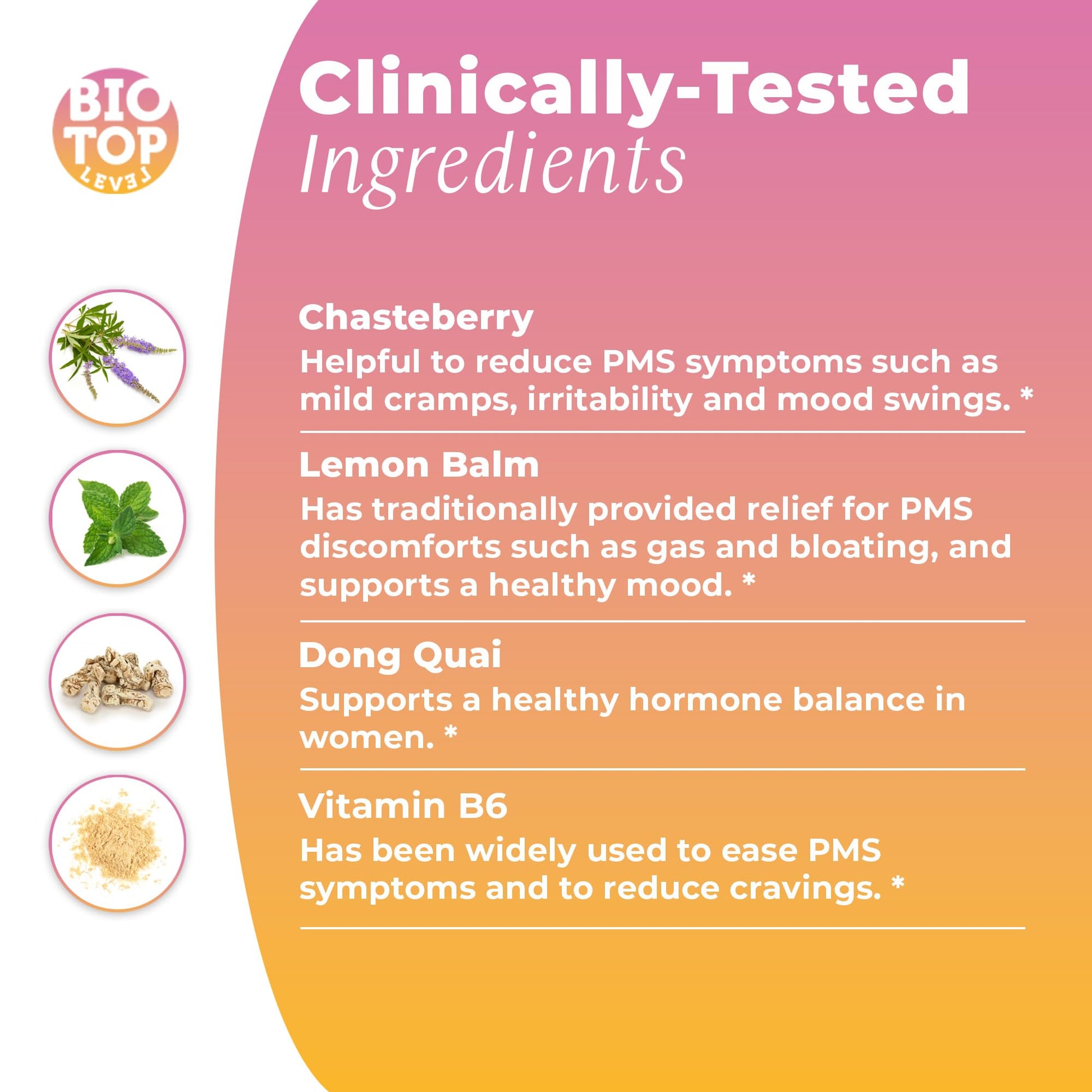 BIOTOPLEVEL PMS Support Supplement for Women & PMS Relief, Hormone Balance & Menstrual Period Relief for Cramps, Bloating & Mood Swings with Chasteberry, Vitamin B6, Lemon Balm, Dong Quai, 30 Count - Maple Wellness Supplements