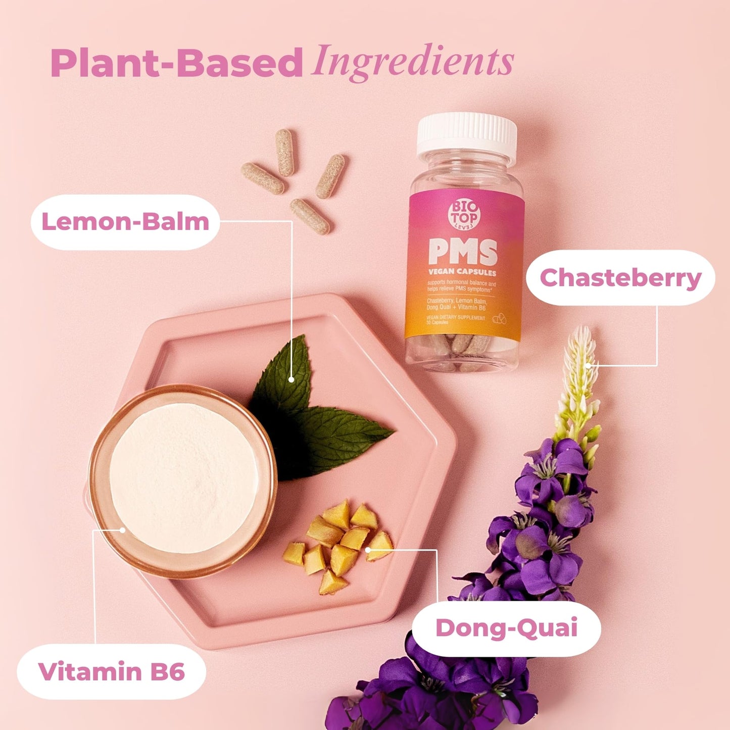 BIOTOPLEVEL PMS Support Supplement for Women & PMS Relief, Hormone Balance & Menstrual Period Relief for Cramps, Bloating & Mood Swings with Chasteberry, Vitamin B6, Lemon Balm, Dong Quai, 30 Count - Maple Wellness Supplements