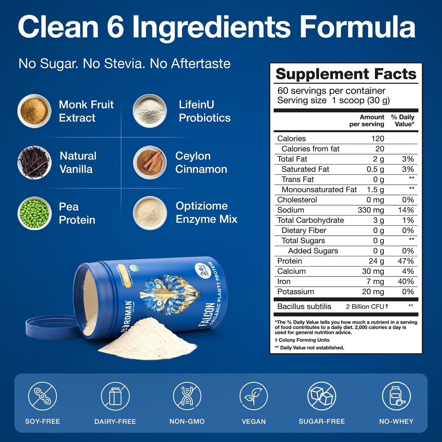 BIRDMAN Falcon Organic Vegan Protein Powder Vanilla, 24g Protein, Sugar Free, Probiotics, Low Carb, Keto Friendly, Dairy Free, Lactose Free, Non Whey - Maple Wellness Supplements