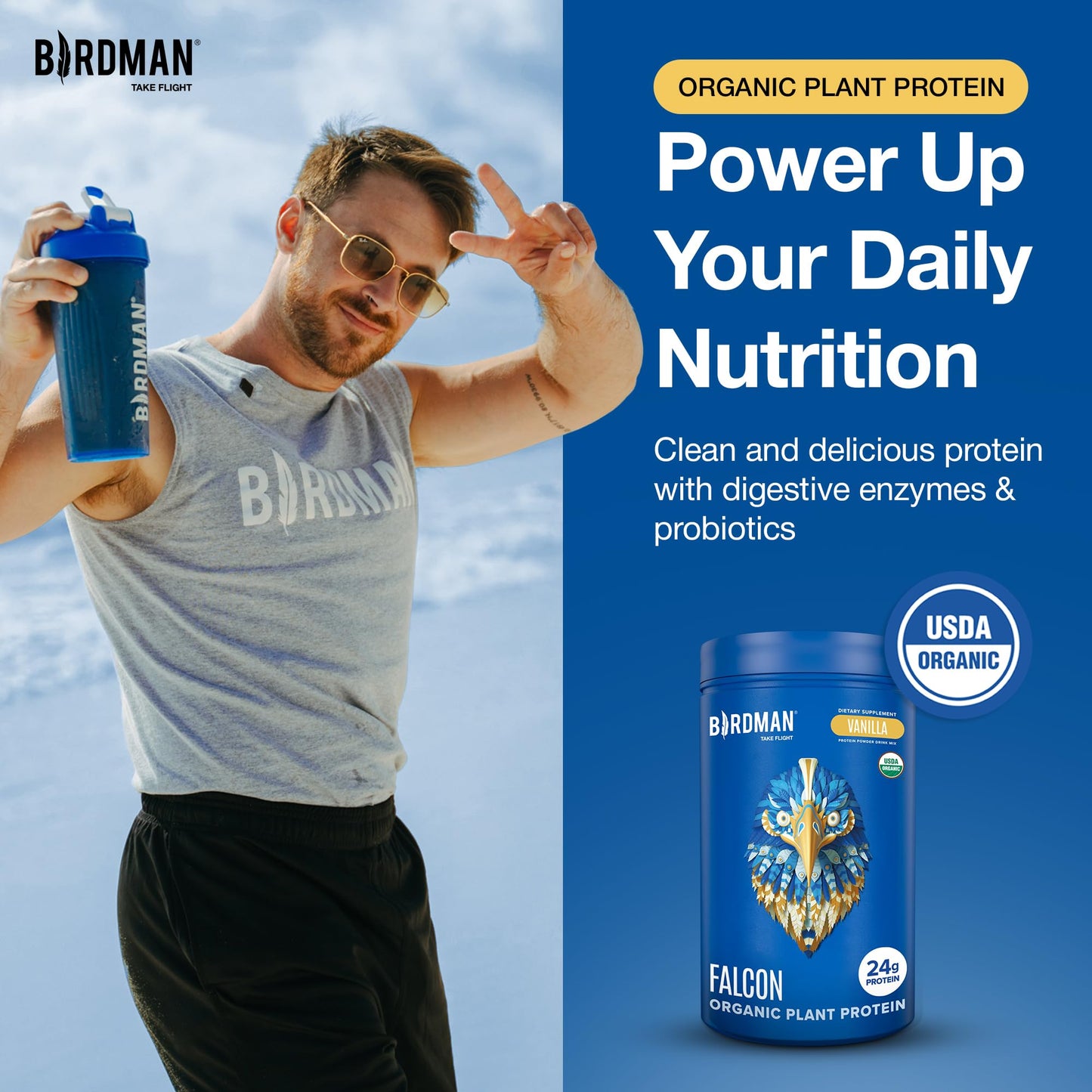 BIRDMAN Falcon Organic Vegan Protein Powder Vanilla, 24g Protein, Sugar Free, Probiotics, Low Carb, Keto Friendly, Dairy Free, Lactose Free, Non Whey - Maple Wellness Supplements