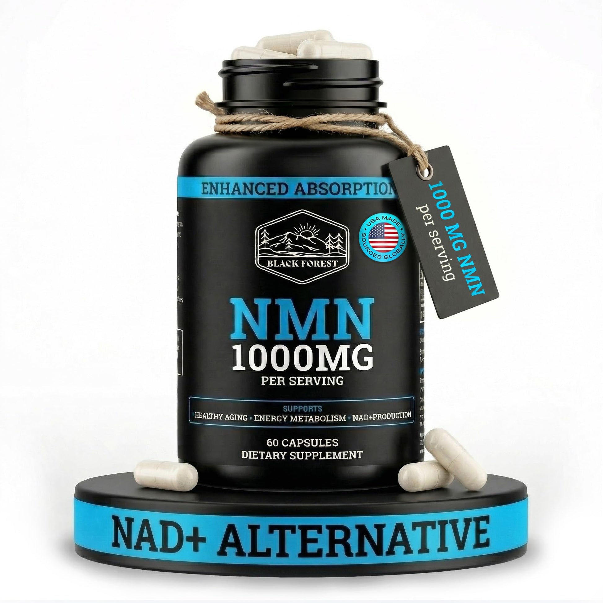 Black Forest NMN Supplements 1000mg (Nicotinamide Mononucleotide) 99% Pure, Stabilized Form, BioPerine® for Enhanced Bioavailability (60 Capsules) - Maple Wellness Supplements