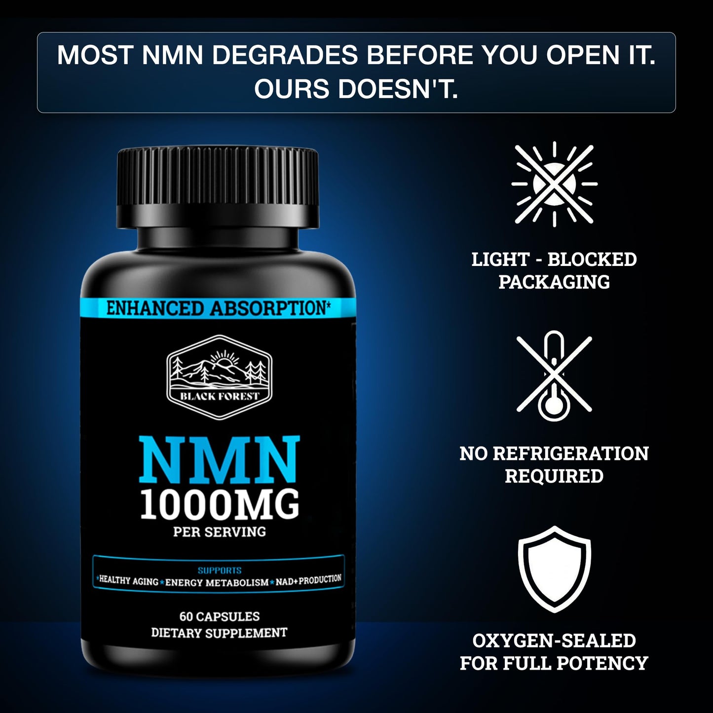 Black Forest NMN Supplements 1000mg (Nicotinamide Mononucleotide) 99% Pure, Stabilized Form, BioPerine® for Enhanced Bioavailability (60 Capsules) - Maple Wellness Supplements