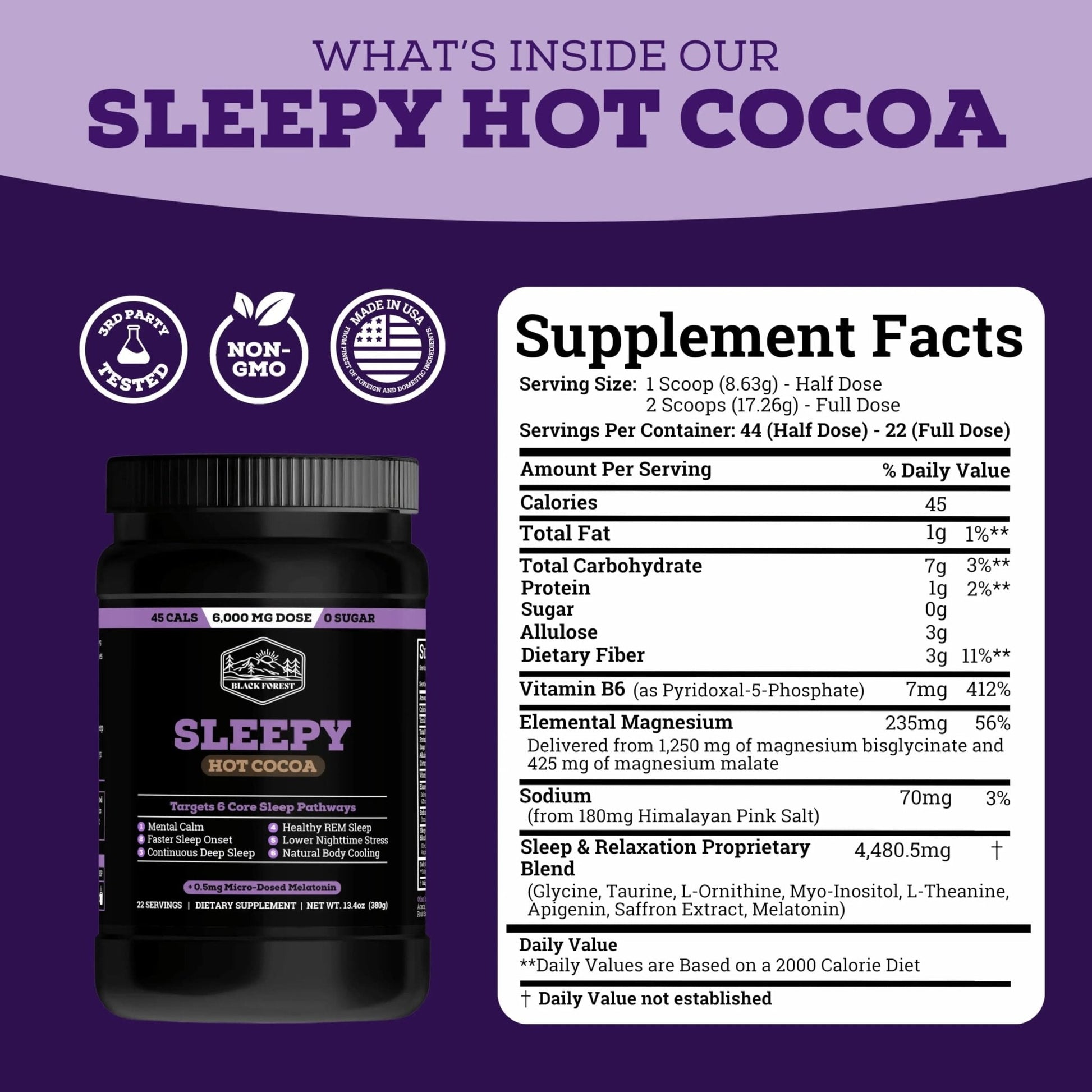 Black Forest Sleepy Hot Cocoa - Magnesium Hot Chocolate Sleepy Cocoa Sleep Powder for Adults with Melatonin & L-Theanine - Natural Sleep Drink Mix for Deep Sleep & Relaxation, - Maple Wellness Supplements