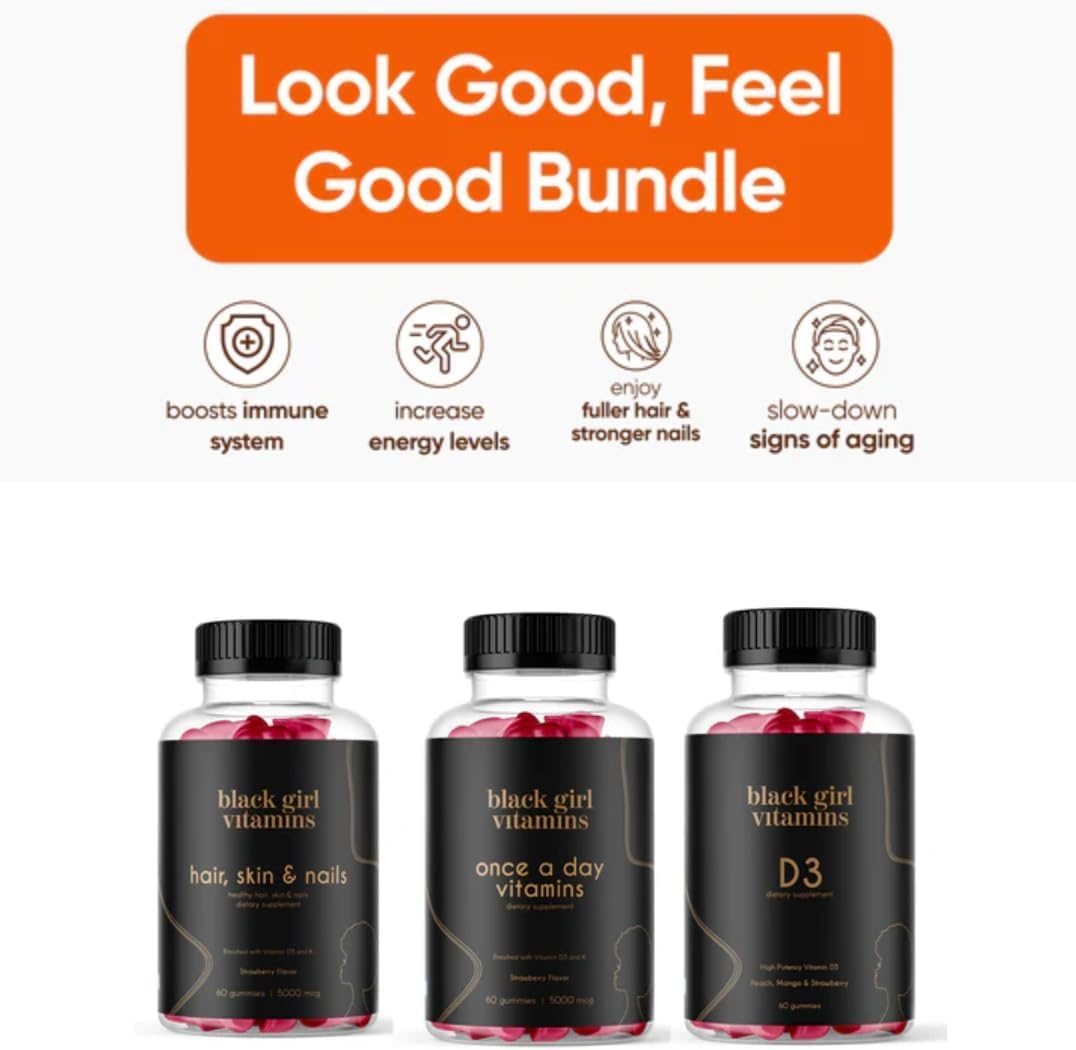 Black Girl Vitamins Look Good Feel Good Bundle – Hair Skin & Nails, Vitamin D3 2000IU & Once a Day Multivitamin - Women's Supplement Bundle - Maple Wellness Supplements