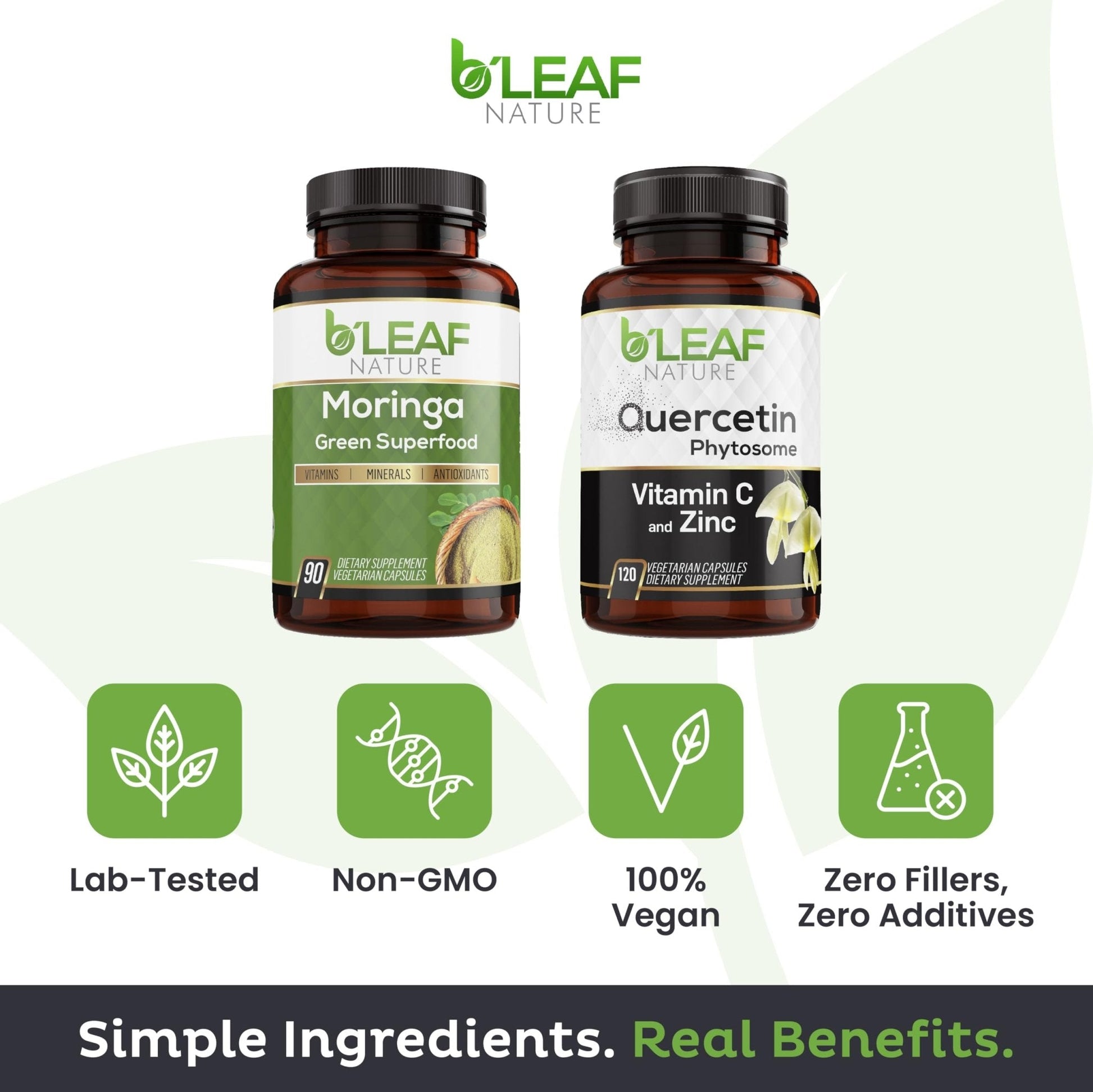B'LEAF NATURE Moringa and Quercetin Bundle - Non-GMO, Vegan, High Absorption Capsules - 1000mg Quercetin Phytosome Blend + 1000mg Moringa - Natural Energy, Wellness and Immune Support Supplements - Maple Wellness Supplements