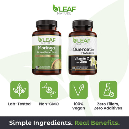 B'LEAF NATURE Moringa and Quercetin Bundle - Non-GMO, Vegan, High Absorption Capsules - 1000mg Quercetin Phytosome Blend + 1000mg Moringa - Natural Energy, Wellness and Immune Support Supplements - Maple Wellness Supplements