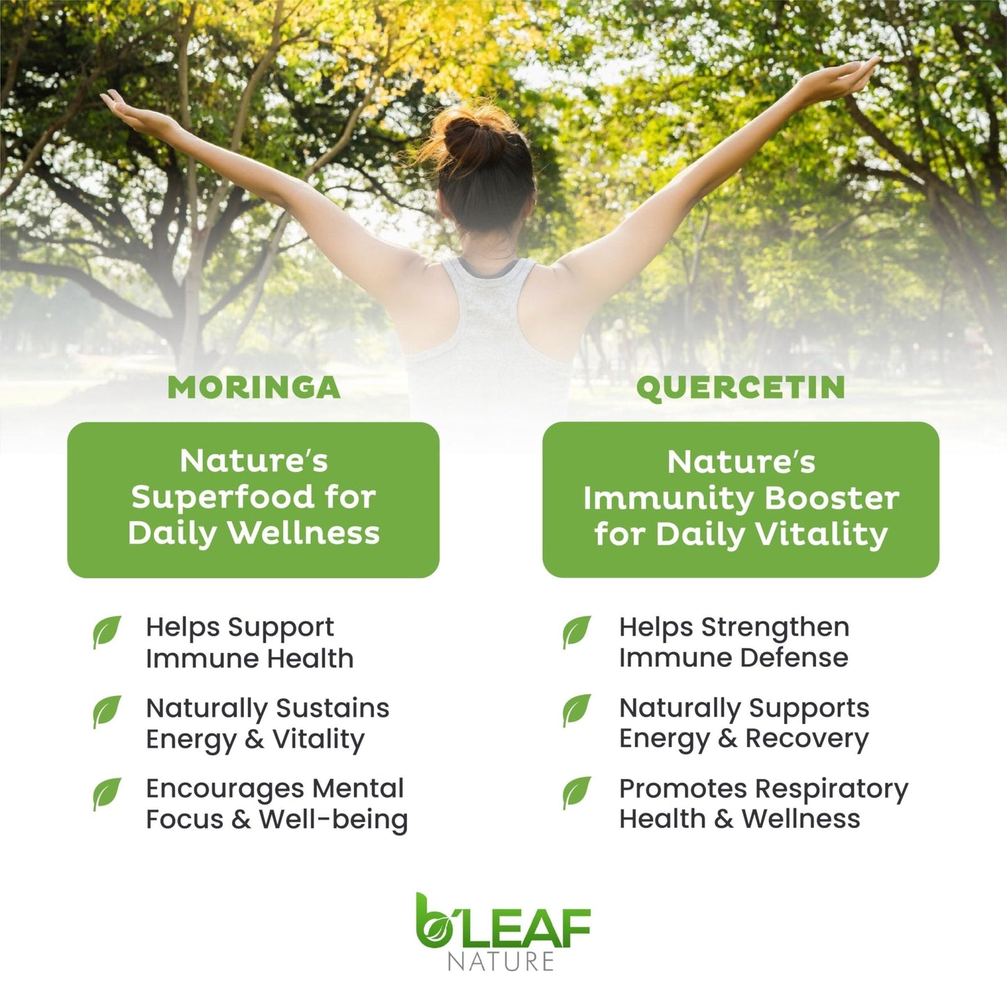 B'LEAF NATURE Moringa and Quercetin Bundle - Non-GMO, Vegan, High Absorption Capsules - 1000mg Quercetin Phytosome Blend + 1000mg Moringa - Natural Energy, Wellness and Immune Support Supplements - Maple Wellness Supplements