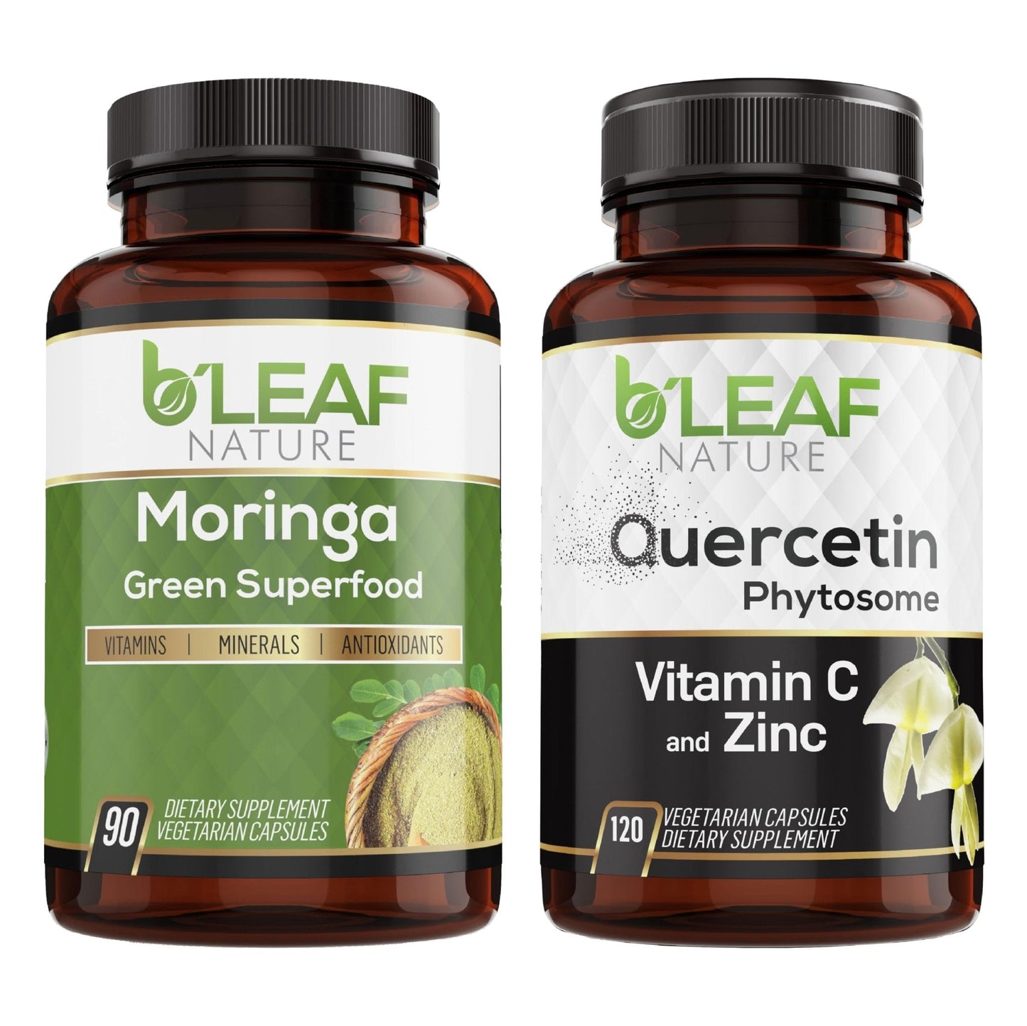 B'LEAF NATURE Moringa and Quercetin Bundle - Non-GMO, Vegan, High Absorption Capsules - 1000mg Quercetin Phytosome Blend + 1000mg Moringa - Natural Energy, Wellness and Immune Support Supplements - Maple Wellness Supplements