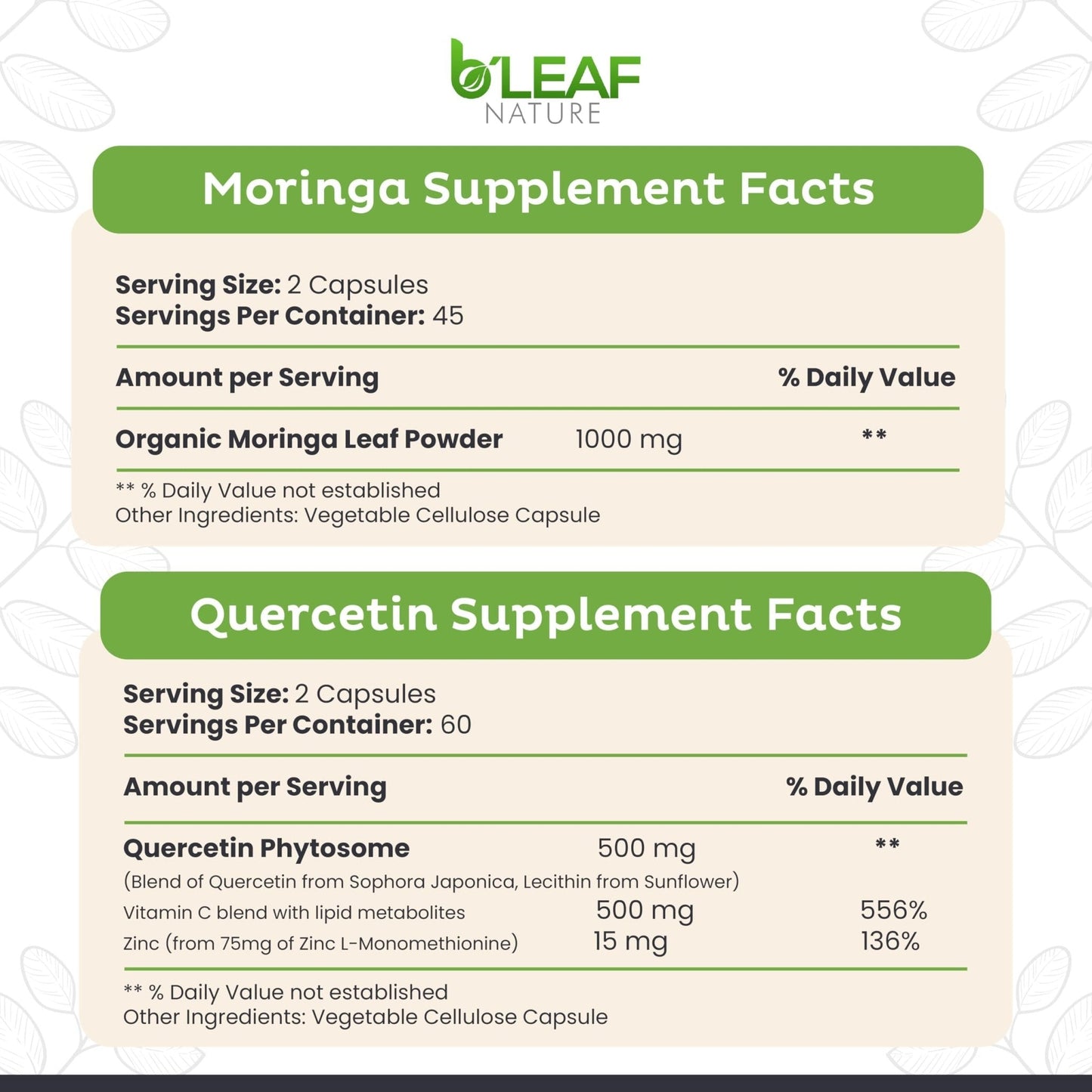 B'LEAF NATURE Moringa and Quercetin Bundle - Non-GMO, Vegan, High Absorption Capsules - 1000mg Quercetin Phytosome Blend + 1000mg Moringa - Natural Energy, Wellness and Immune Support Supplements - Maple Wellness Supplements