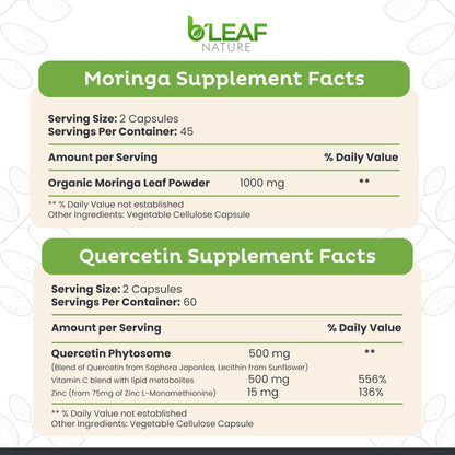 B'LEAF NATURE Moringa and Quercetin Bundle - Non-GMO, Vegan, High Absorption Capsules - 1000mg Quercetin Phytosome Blend + 1000mg Moringa - Natural Energy, Wellness and Immune Support Supplements - Maple Wellness Supplements