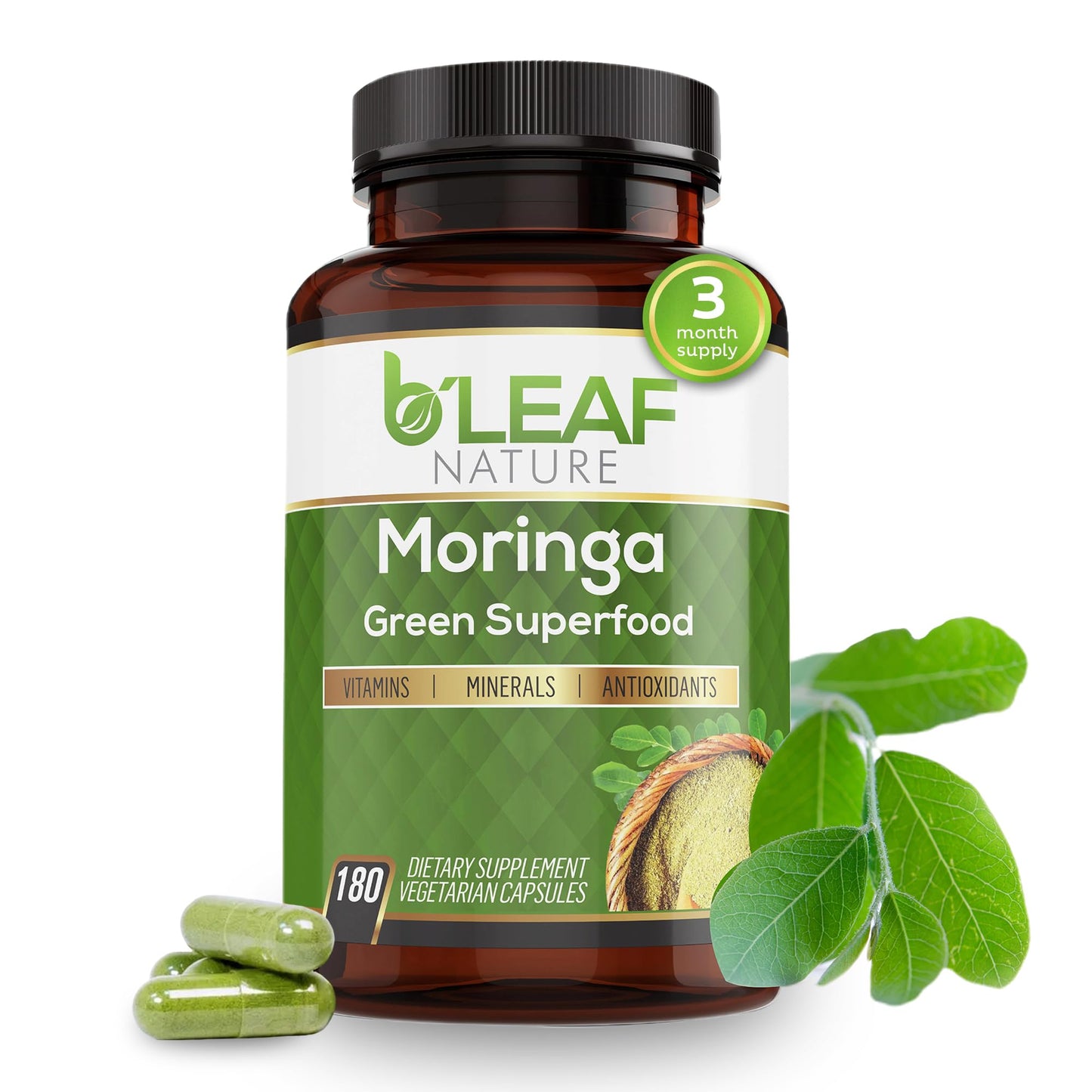 B'Leaf Nature Moringa Capsules Organic 1000mg — Pure Moringa Oleifera Leaf Powder Capsules for Energy & Immune Support - Maple Wellness Supplements
