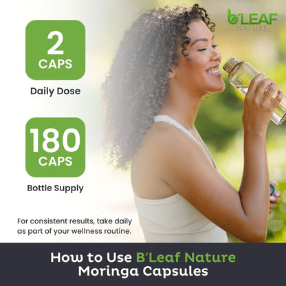 B'Leaf Nature Moringa Capsules Organic 1000mg — Pure Moringa Oleifera Leaf Powder Capsules for Energy & Immune Support - Maple Wellness Supplements