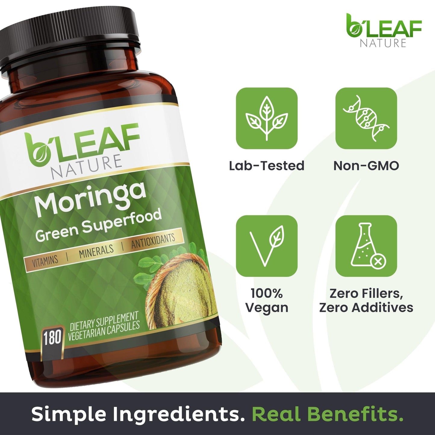 B'Leaf Nature Moringa Capsules Organic 1000mg — Pure Moringa Oleifera Leaf Powder Capsules for Energy & Immune Support - Maple Wellness Supplements