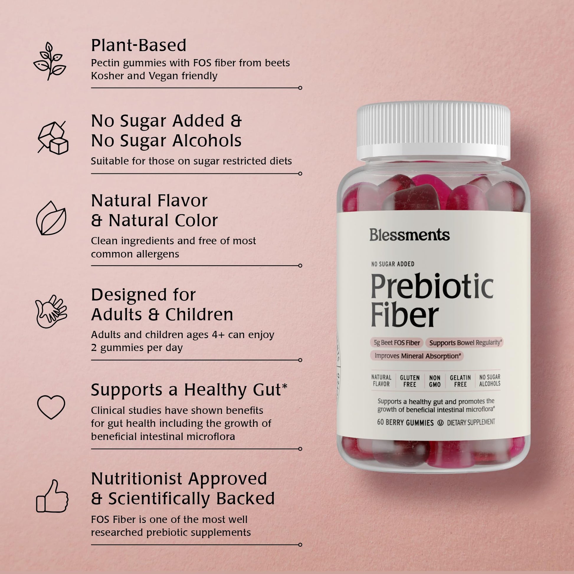 Blessments - Prebiotic Fiber Gummies for Adults & Kids with No Added Sugar- 5g (60 Count-2 Pack) High Fiber Supplement Gummies - Vegan - Keto Friendly - Maple Wellness Supplements