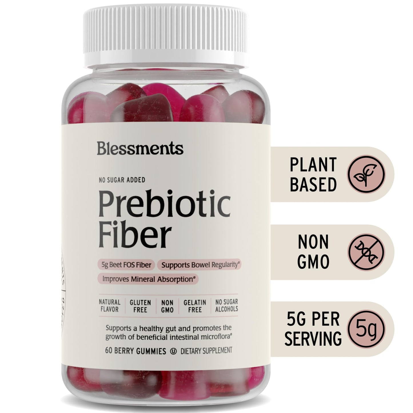 Blessments - Prebiotic Fiber Gummies for Adults & Kids with No Added Sugar- 5g (60 Count-2 Pack) High Fiber Supplement Gummies - Vegan - Keto Friendly - Maple Wellness Supplements