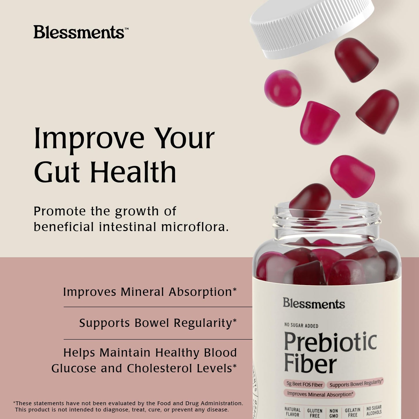 Blessments - Prebiotic Fiber Gummies for Adults & Kids with No Added Sugar- 5g (60 Count-2 Pack) High Fiber Supplement Gummies - Vegan - Keto Friendly - Maple Wellness Supplements