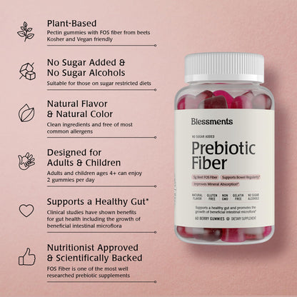 Blessments - Prebiotic Fiber Gummies for Adults & Kids with No Added Sugar- 5g (60 Count) High Fiber Supplement Gummies - Vegan - Keto Friendly - Digestive Health Supplements - Maple Wellness Supplements