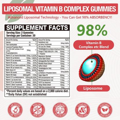 Blivsmlie 2 Pack 33-in-1 Liposomal Vitamin B Complex Gummies -B1, B2, B3, B4, B5, B6, B7, B8, B9,B12 | Vitamin C, D3,K2|Calcium,Magnesiun,Zinc etc.for Energy - Maple Wellness Supplements