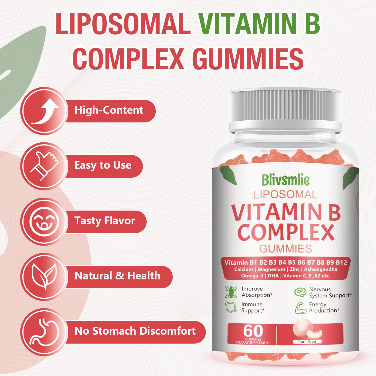 Blivsmlie 2 Pack 33-in-1 Liposomal Vitamin B Complex Gummies -B1, B2, B3, B4, B5, B6, B7, B8, B9,B12 | Vitamin C, D3,K2|Calcium,Magnesiun,Zinc etc.for Energy - Maple Wellness Supplements