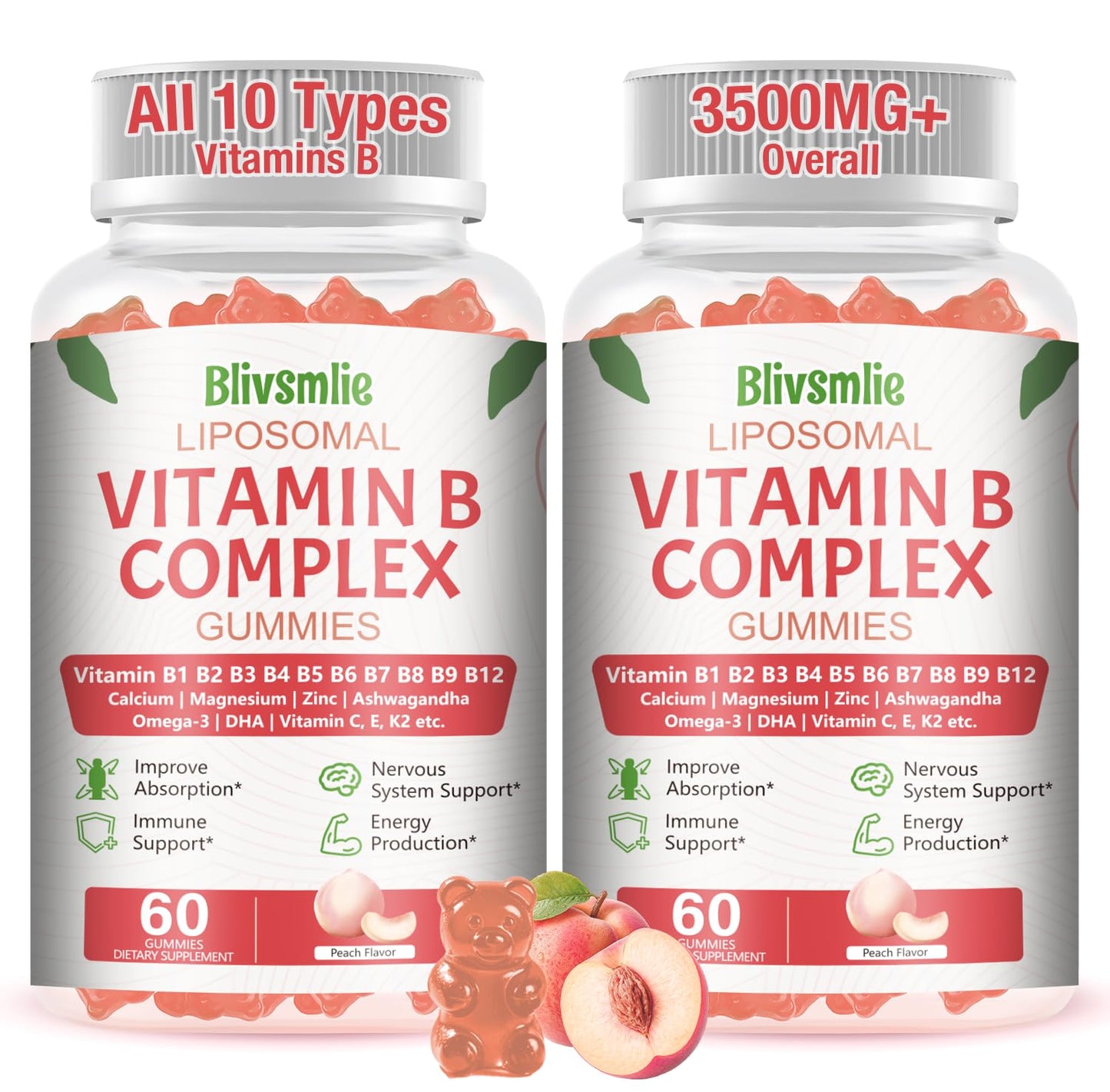 Blivsmlie 2 Pack 33-in-1 Liposomal Vitamin B Complex Gummies -B1, B2, B3, B4, B5, B6, B7, B8, B9,B12 | Vitamin C, D3,K2|Calcium,Magnesiun,Zinc etc.for Energy - Maple Wellness Supplements